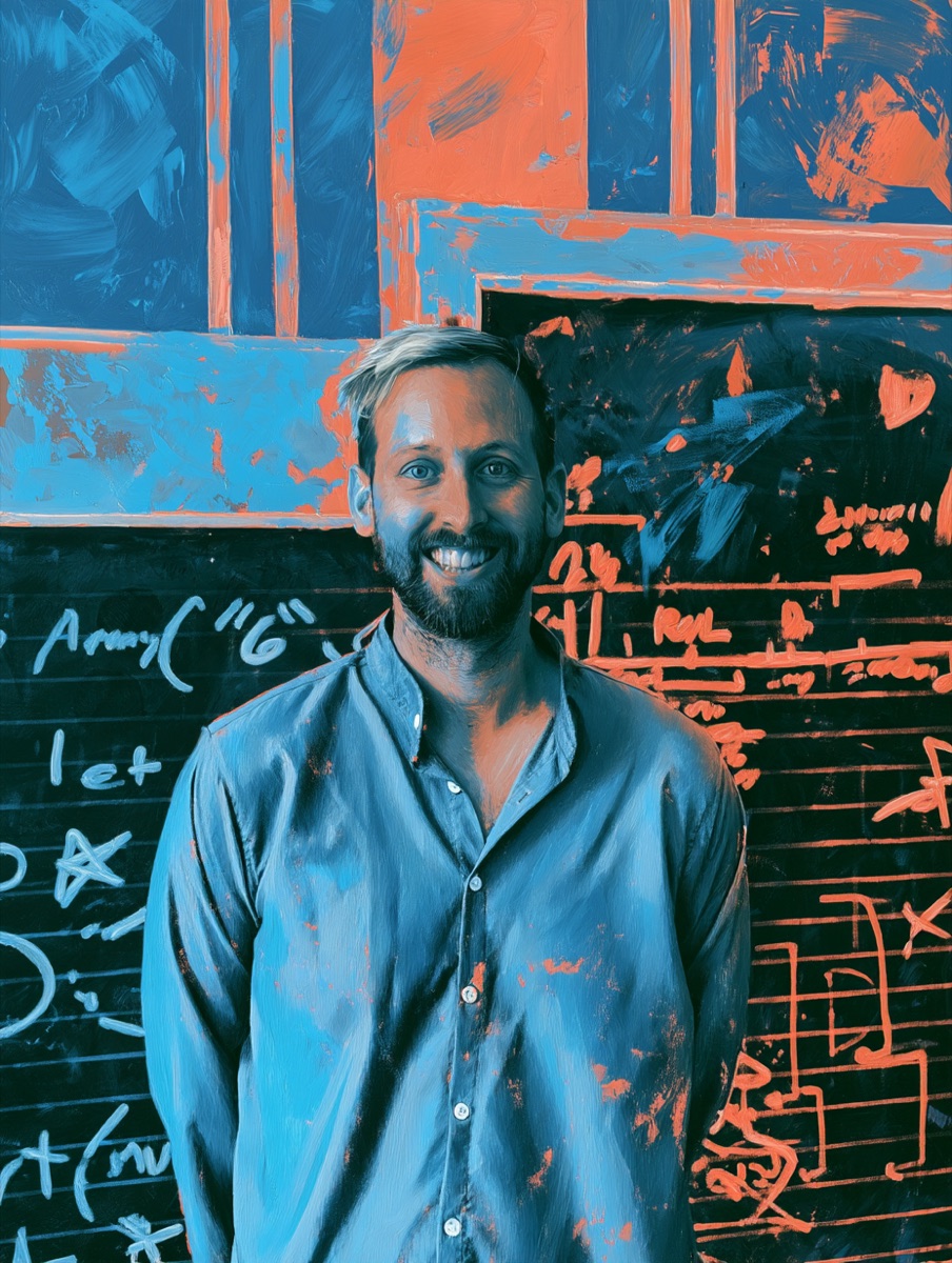 Portrait of Patrick Cooper smiling in front of a chalkboard covered in equations, rendered in painterly blue and orange.